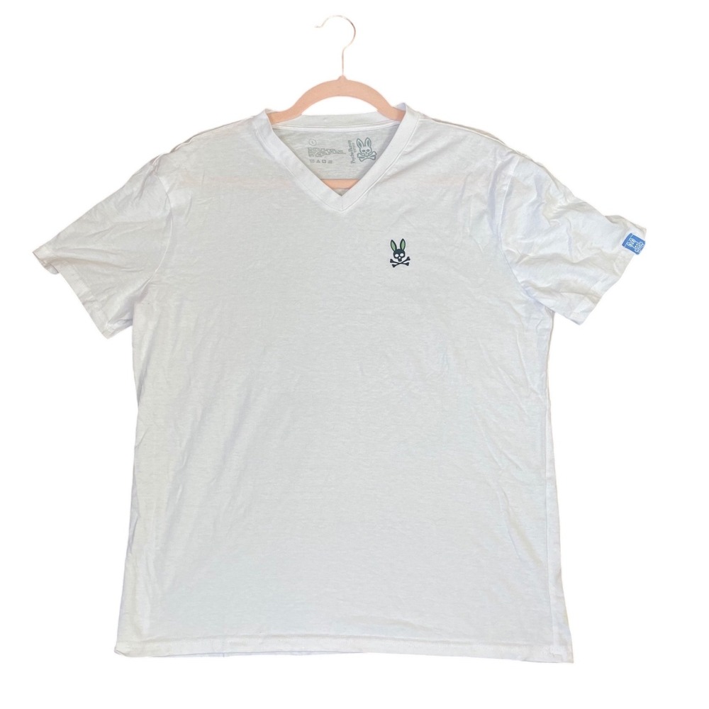 Psycho Bunny Mens White V-Neck Short Sleeve T-Shirt Embroidered Logo Large